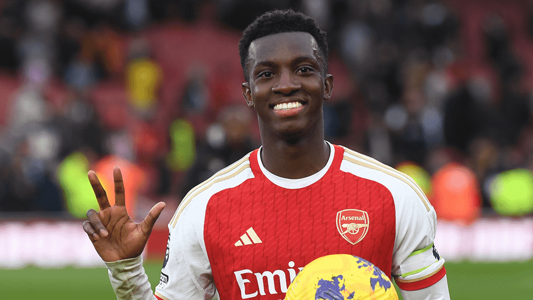 Eddie Nketiah celebrates scoring a hat-trick against Sheffield United